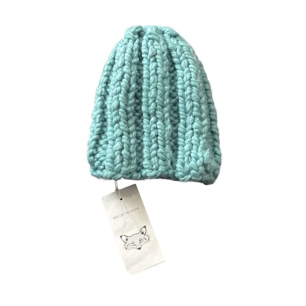 Kids On The Moon Chunky Knit Beanie Hat Teal Blue Wool Acrylic Tiny‎